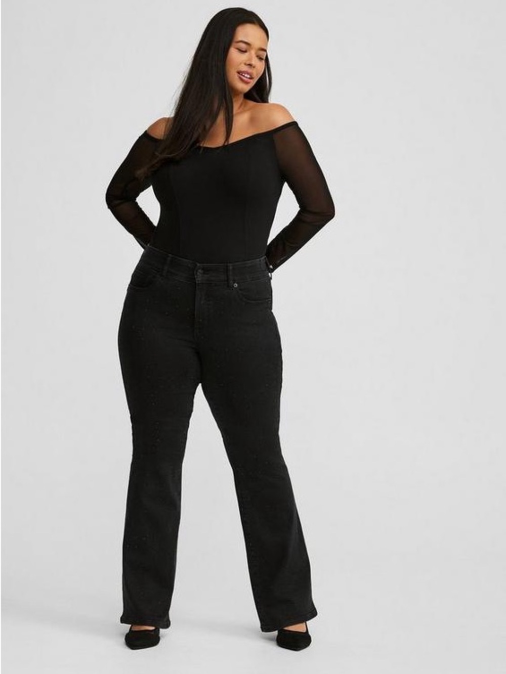 Torrid Black Off Shoulder Mesh Sleeve Corset Top Foxy Knit Stretch Size 4